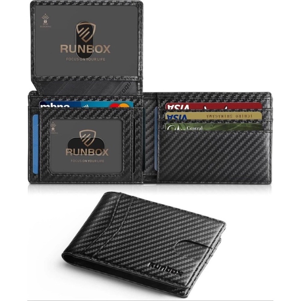 RUNBOX Slim RFID Leather Wallet for Men with 2 ID Windows, Minimalist Bifold